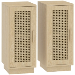 HOMCOM Conjunto de 2 Mesitas de Noche con Puerta de Ratán, Mesillas de Noche Estilo Boho Estante Ajustable Natural