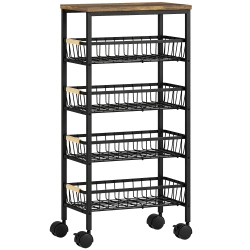 HOMCOM Carrito Auxiliar con Ruedas 4 Cestas Extraíbles Carga 15 kg Marco Metálico para Comedor 40x24x81,5 cm Rústico Marrón