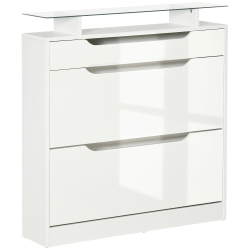 HOMCOM Zapatero Estrecho de 2 Puertas Mueble Zapatero para 16 Pares de Zapatos con Cajón Estante Abierto y Encimera de Vidrio para Pasillo Entrada 89x23x96 cm Blanco