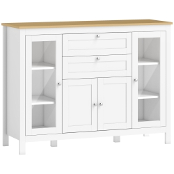 HOMCOM Mobile Cucina con 2 Cassetti e 3 Armadietti, Ante in Vetro e Ripiani Regolabili, 120x40x90 cm, Bianco e Rovere