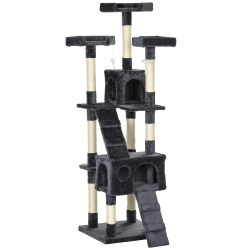 PawHut Albero Tiragraffi per Gatti con 3 Posatoi, 2 Casette e Giochi Appesi, in Legno e Peluche, Grigio Scuro