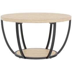 HOMCOM Mesa de Centro Mesa de Café Redonda para Salón con Estante de Almacenaje y Marco de Metal 80x80x43,8 cm Roble