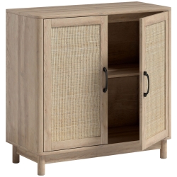 HOMCOM Buffet salon, meuble de rangement avec 2 portes en rotin, étagère réglable et bords arrondis, 76 x 35 x 75,5 cm, chêne