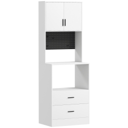 HOMCOM Mueble Auxiliar de Cocina con Soporte para Microondas 2 Cajones 2 Puertas y Panel Perforado de Metal Blanco