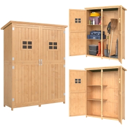 Outsunny Wooden Garden Shed with Two Windows, Tool Storage Cabinet, Outdoor Double Door Organizer 127.5W x 50D x 164H cm, Natural