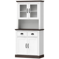 HOMCOM Alacena de Cocina Alta con Puertas de Cristal 2 Cajones Estantes Ajustables Compartimento Abierto 80x38x170 cm Blanco