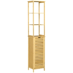 kleankin Badkamerkast, Hoge Kast met Drie Planken en een Kastvak met Lamellendeur, Kantelbeveiliging, Bamboe, 34 x 30 x 173 cm