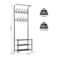 HOMCOM kledingrek met opbergruimte voor schoenen 18 haken wandkapstok metaal wit / zwart(m-3)