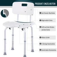 HOMCOM douchestoel badstoel met rugleuning in hoogte verstelbaar aluminiumlegering wit(m-6)