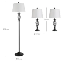 HOMCOM Set van 3 lampen: 2 tafellampen (ø38 x 158 cm) + 1 vloerlamp (ø30 x 62 cm) wit(m-3)