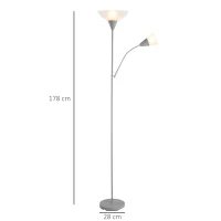 HOMCOM moderne staande lamp 2 koppen verstelbare leeslamp, vloerlamp, ontwerp met dubbele kop en stalen voet, zilver, wit, 28 x 28 x 179,5 cm(m-3)