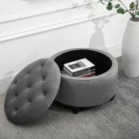 HOMCOM luxe krukje kruk met opbergruimte gestoffeerde kruk polyester hout donkergrijs(m-7)