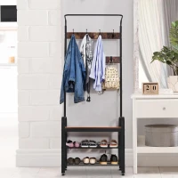HOMCOM Kapstok met 8 haken schoenenbank kledingstandaard 2 aflegvlakken MDF zwart(m-5)