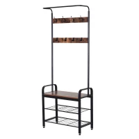 HOMCOM Kapstok met 8 haken schoenenbank kledingstandaard 2 aflegvlakken MDF zwart(m-1)