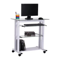 HOMCOM Rolbaar bureau computertafel bureau werktafel met glazen aflegvlak wit(m-2)