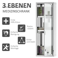 Kleankin Medicijnkast EHBO-kast met slot glazen deur 3 vakken matglas 430 rvs(m-4)