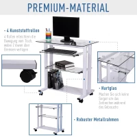 HOMCOM Rolbaar bureau computertafel bureau werktafel met glazen aflegvlak wit(m-4)