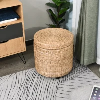 HOMCOM Poef met opbergruimte poef opbergbox stro rotan kaki(m-5)