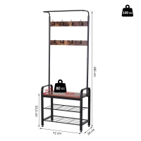 HOMCOM Kapstok met 8 haken schoenenbank kledingstandaard 2 aflegvlakken MDF zwart(m-3)