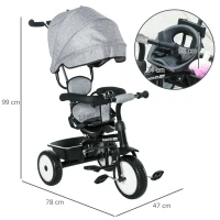 HOMCOM 2-in-1 kinderdriewieler duwstang voor kinderdriewieler met kap Trike grijs(m-3)
