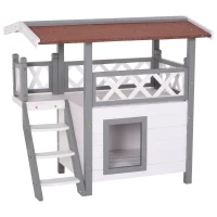 PawHut kattenhuis met asfaltdak, 2 verdiepingen, kattenhut met balkon, kattenvilla met trap, massief hout, wit, 77 x 50 x 73 cm 2 verdiepingen asfaltdak balkon massief hout wit | Aosom.de(m-1)