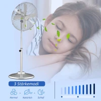 HOMCOM Statiefventilator ventilator in hoogte verstelbaar 3 snelheden staal zilver(m-4)
