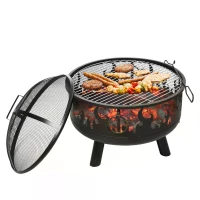 Outsunny Outdoor 2-In-1 Round Fire Pit with Lid, Grill, Poker, Handles, Metal Firepit Bowl for Backyard, Camping, BBQ, Bonfire, Wood Burning Stove, 61.5 x 61.5 x 52cm, Black(m-1)