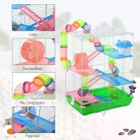 Pawhut 5 Tier Hamster Cage, Gerbil Cage with Tube Exercise Wheels, Tunnel, Water Bottle, Dishes, Green, 58H x 46L x 30Wcm(m-6)