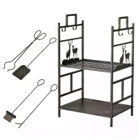 Outsunny Metal Firewood Log Holder 2 Tier Firewood Rack Indoor Outdoor Fireplace Wood Storage Shelf with 4 Tools, Hooks, Elk Shape Design, Black Gold Tone, 51.5W x 33D x 77H cm(m-9)
