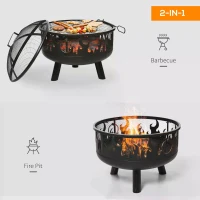 Outsunny Outdoor 2-In-1 Round Fire Pit with Lid, Grill, Poker, Handles, Metal Firepit Bowl for Backyard, Camping, BBQ, Bonfire, Wood Burning Stove, 61.5 x 61.5 x 52cm, Black(m-4)