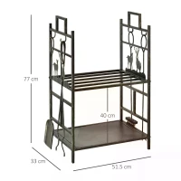 Outsunny Metal Firewood Log Holder 2 Tier Firewood Rack Indoor Outdoor Fireplace Wood Storage Shelf with 4 Tools, Hooks, Elk Shape Design, Black Gold Tone, 51.5W x 33D x 77H cm(m-3)
