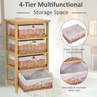 HOMCOM 4 Drawer Dresser Wicker Basket Storage Shelf Unit Wooden Frame Home Organisation Cabinet Bedroom Office Furniture Natural Finish(m-4)