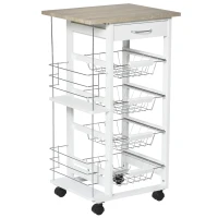 HOMCOM Multi-Use Kitchen Island Trolley w/ 4 Baskets 2 Side Racks Drawer Worktop White(m-1)