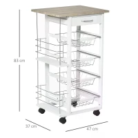 HOMCOM Multi-Use Kitchen Island Trolley w/ 4 Baskets 2 Side Racks Drawer Worktop White(m-3)
