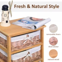 HOMCOM 4 Drawer Dresser Wicker Basket Storage Shelf Unit Wooden Frame Home Organisation Cabinet Bedroom Office Furniture Natural Finish(m-5)