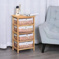 HOMCOM 4 Drawer Dresser Wicker Basket Storage Shelf Unit Wooden Frame Home Organisation Cabinet Bedroom Office Furniture Natural Finish(m-9)