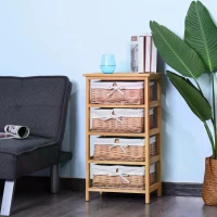 HOMCOM 4 Drawer Dresser Wicker Basket Storage Shelf Unit Wooden Frame Home Organisation Cabinet Bedroom Office Furniture Natural Finish(m-10)
