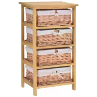 HOMCOM 4 Drawer Dresser Wicker Basket Storage Shelf Unit Wooden Frame Home Organisation Cabinet Bedroom Office Furniture Natural Finish(m-1)