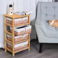 HOMCOM 4 Drawer Dresser Wicker Basket Storage Shelf Unit Wooden Frame Home Organisation Cabinet Bedroom Office Furniture Natural Finish(m-2)