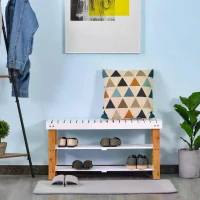 HOMCOM 3-Tier Shoe Bench, Bamboo Shoe Rack with Hidden Storage Compartment, Slatted Open Shelves, Hallway Storage Unit with Wooden Frame, Natural(m-2)