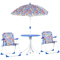 Outsunny 4-delige kinderzitgroep tuintafel 2 klapstoelen parasol 3-5 jaar blauw(m-1)