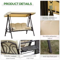 Outsunny Swing Chair Hammock 3 Seater Canopy Cushion Shelter Outdoor Bench Steel Beige Garden(m-6)