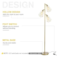 HOMCOM Modern Floor Lamp, 3-Light Standing Lamp, Gold Tone Finish, Steel Frame, Foot Switch, Round Base, E27 Living Room Gold(m-5)