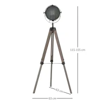 HOMCOM Industrial Style Adjustable Tripod Floor Lamp for Living Room Bedroom, Vintage Spotlight Reading Lamp with Wood Legs, 115-155cm, Grey(m-3)