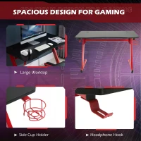 HOMCOM Gaming Computer Desk, Steel Frame w/ Cup Headphone Holder Adjustable Feet Cable Organiser Home Office Red(m-4)