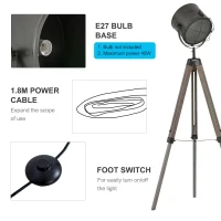 HOMCOM Industrial Style Adjustable Tripod Floor Lamp for Living Room Bedroom, Vintage Spotlight Reading Lamp with Wood Legs, 115-155cm, Grey(m-6)
