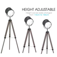 HOMCOM Industrial Style Adjustable Tripod Floor Lamp for Living Room Bedroom, Vintage Spotlight Reading Lamp with Wood Legs, 115-155cm, Grey(m-4)