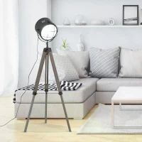 HOMCOM Industrial Style Adjustable Tripod Floor Lamp for Living Room Bedroom, Vintage Spotlight Reading Lamp with Wood Legs, 115-155cm, Grey(m-11)