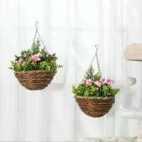 Outsunny Small Artificial Plants, Hanging, Pack of 2 Artificial Lisianthus Flowers, with Basket for Indoor Outdoor Decoration(m-2)