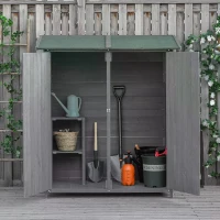 Outsunny Garden Wood Storage Shed w/ Flexible Table, Hooks and Ground Nails, Multifunction Lockable Sheds & Outdoor Asphalt Roof Tool Organizer, 139 x 75 x 160cm, Grey(m-2)